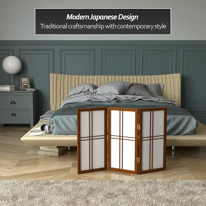 2 ft. Short Desktop Double Cross Shoji Screen - Walnut - 3 Panels