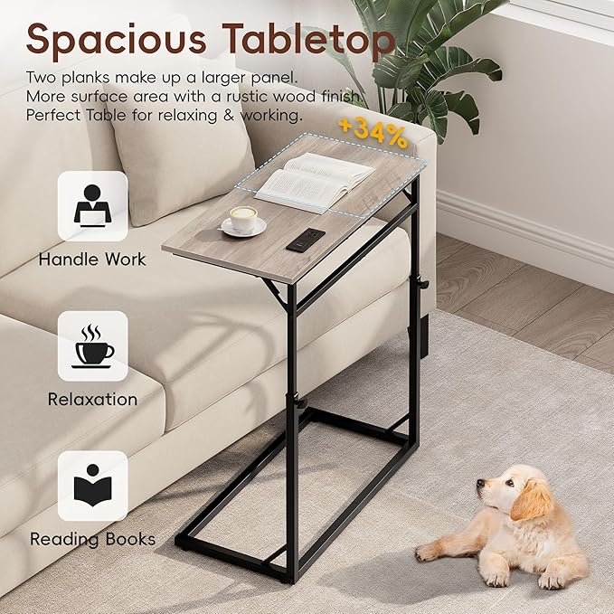 Vagusicc C Shaped End Table with Charging Station, C-Table End Table Adjustable Height Side Table for Couch, Large Couch Table, Slide Under Couch Table TV Tray Table for Sofa,Living Room,Bedroom, Grey