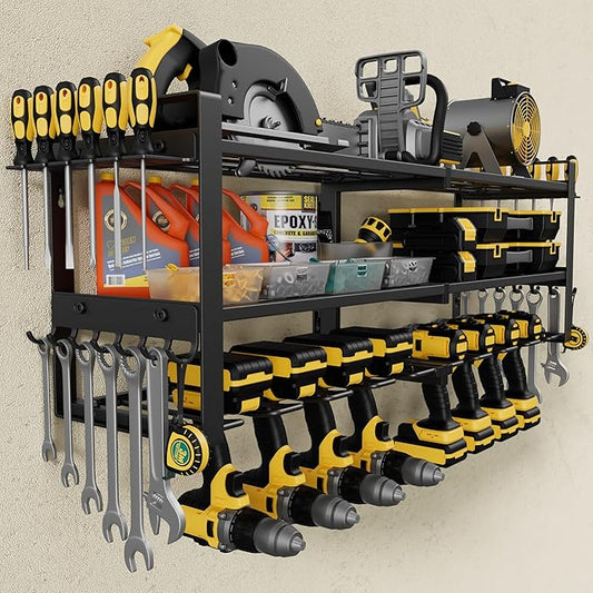 Jusgym Power Tool Organizer Wall Mount |350lbs Garage Storage Rack with 6 Cordless Drill Holder |3-Tier 32''W Heavy Duty Tool Storage Rack for Garage Organization |Gift for Men