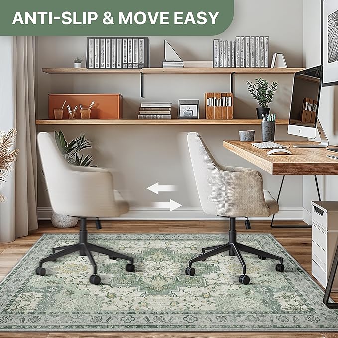 60"x60" Office Chair Mat for Hardwood Tile Floor, Under Desk Carpet Protector for Rolling Computer Chair Mat, Machine Washable Round Area Rug, Anti-Slip 1/5" Thick Low Pile Thin Floor Mat, Green