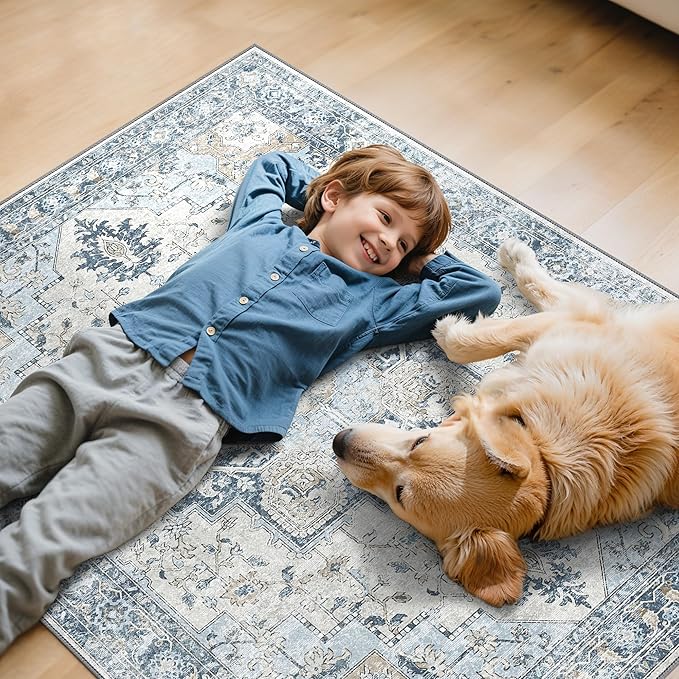 48"x60" Office Chair Mat for Hardwood Tile Floor, Under Desk Carpet Protector for Rolling Computer Chair Mat, Machine Washable Area Rug, Anti-Slip 1/5" Thick Low Pile Thin Vinyl Floor Mat, Blue