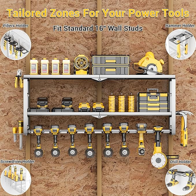 Power Tool Organizer Wall Mount Loads 300 lbs，Heavy Duty Metal 3 Layers Extra Tall Storage Rack with 8 Drill Holders & Battery Storage，Cordless Utility Tool Shelf for Garage, Workshop