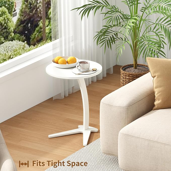 C Shaped End Table, Small Round Side Table for Couch, Slide Under Sofa Tray Desk for Living Room Bedroom, Solid Wood TV Tray Table for Narrow Space (15” White)
