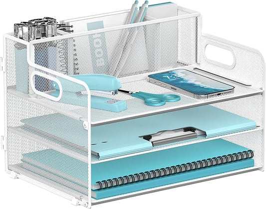 3 Tier Paper Letter Tray Organizer with Pen Holder for Desk, Black Metal Mesh Desk File Folder Sorter Organizer with Handle and Sliding Tray for Home, Office, School Supplies Organization(White)
