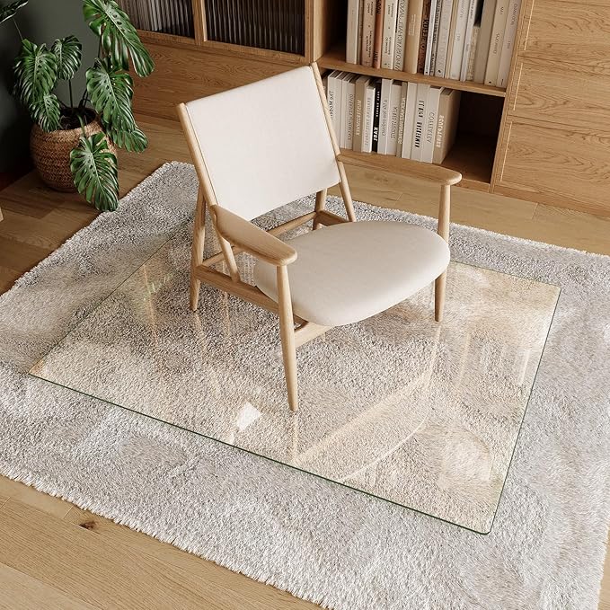 Koonmi Tempered Glass Chair Mat 46"x36" - Premium Office Chair Mat for Hardwood Floors & Low-Pile Carpet with 4 Non-Slip Pads - Thick Scratch-Resistant Surface