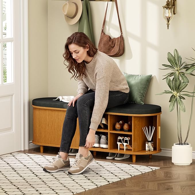 DHH 2-Tier Storage Bench,Wide Shoe Bench with Thickened Padded Seat Cushion, Mid Century Modern Fluted Sliding Door and Adjustable Shelf, for Entryway, Living Room, Bedroom (Yellow Walnut, 51.2”)