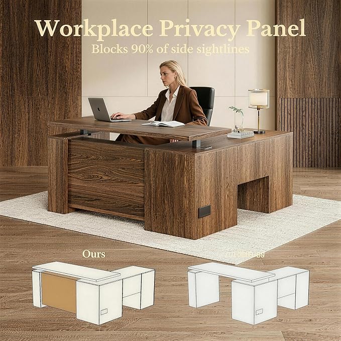 63 Inches L Shaped Standing Desk, Executive Standing Desk with Drawers and File Cabinet, AC/USB, 1.18" Desktop, Multi-sized Storage Cubby, Privacy Panel, Fluted Computer Desk, Black Walnut