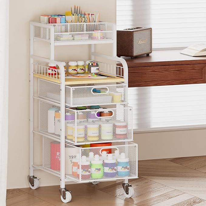 SWTYMIKI Office Rolling Cart with 3 Drawers - Metal Utility Cart with Wood Shelf, DIY Divider and Locking Wheels, Craft & Art Cart Organizer for Under Desk Storage for Home Office Studio, White
