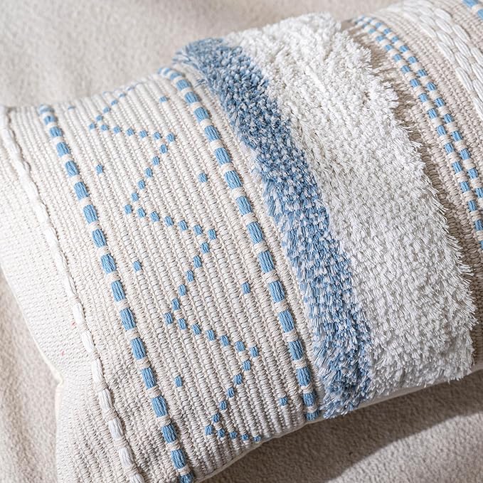 BlissBlush 12x20 Lumbar Pillow Cover, Rectangular Blue Pattern Decorative Cushion Cover, Coastal Boho Accent Pillowcase with Tufted Pattern and Tassels for Couch Sofa Living Room (Cover Only)