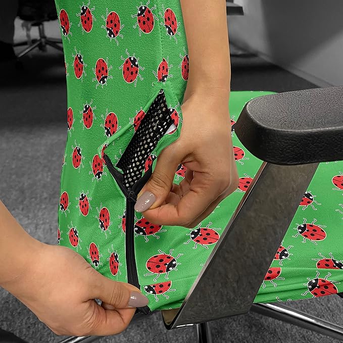 Ambesonne Entomology Office Chair Cover, Cartoon Style Repetitive Ladybugs on a Meadow, Stretchable Decorative Universal Size High Back Printed Slipcover, Red Green