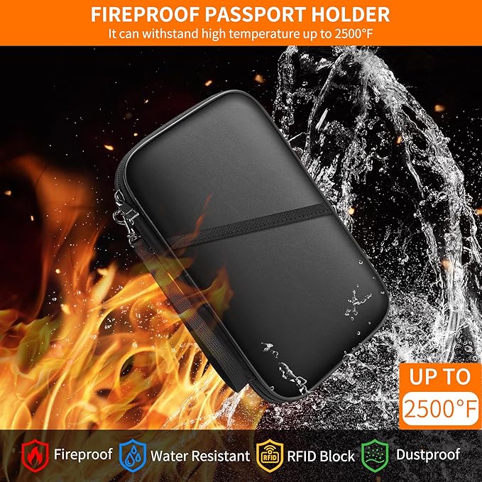 JUNDUN 2500℉ Fireproof Family Passport Holder,RFID Blocking Upgraded Material Fireproof Passport Wallet for 4,Travel Document Organizer Case with Zipper for Passport and Card