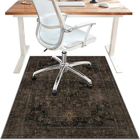 36"x48" Office Chair Mat for Hardwood Tile Floor, Under Desk Carpet Protector for Rolling Computer Chair Mat, Machine Washable Area Rug, Anti-Slip 1/5" Thick Low Pile Thin Vinyl Floor Mat, Brown