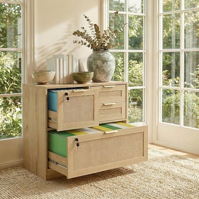 Lateral File Cabinets for Home Office, 4 Drawer Filing Cabinet with Lock, Wide Rattan Filing Organization Storage Cabinets with Printer Stand for Hanging Files/Letter/Legal/A4/F4 Size, Natural Wood