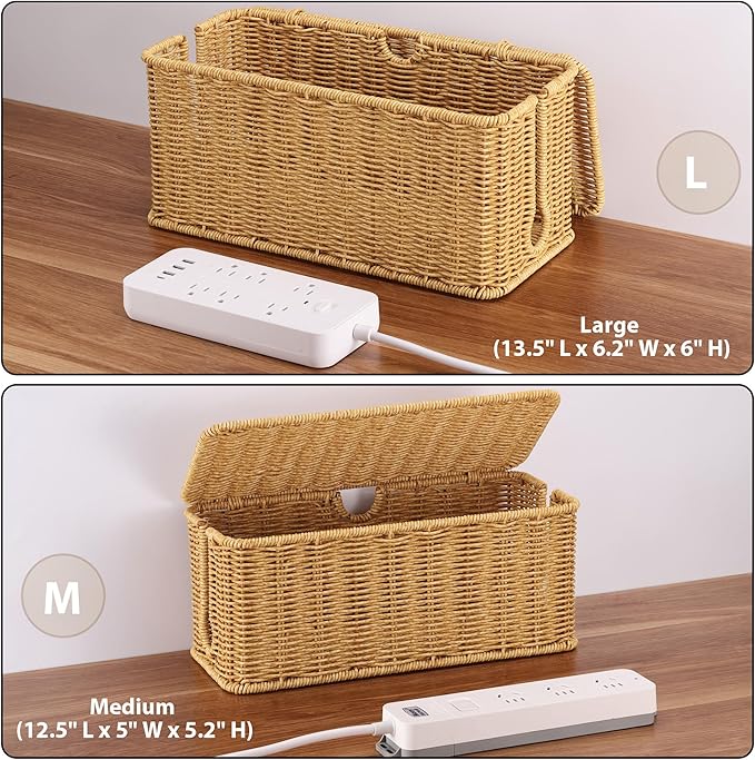 2Pack Large Cable Management Box, Handwoven Imitation Rattan Cord Organizer Wire Hider Box, Desk Cord Management to Hide Cords and Power Strips