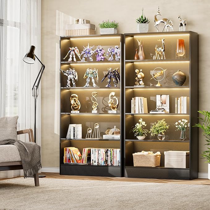 CODACE Tall Wooden Black Bookshelf - Book Shelf with LED Lights, Lighted Display Shelf with 5-Tier Shelves, Large Display Bookshelves for Collectibles, Modern Bookcase for Living Room, Bedroom, Office