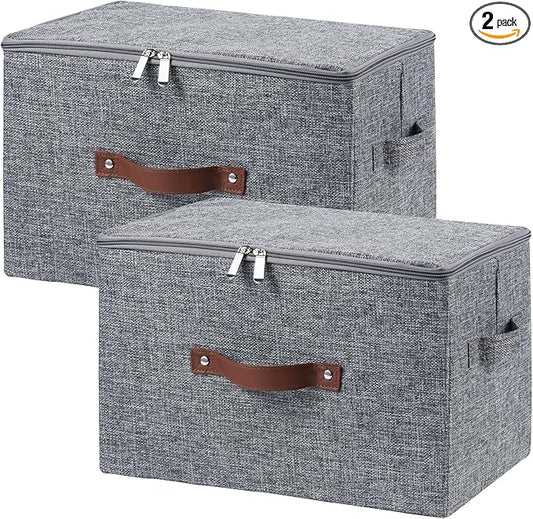 2 Pack Storage Bins with Zipper Lid Cotton Linen Fabric Lidded Storage Baskets Boxes Foldable Washable Closet Shelf Clothes Organizer Container with PU Leather Handles (Gray, Large Size)