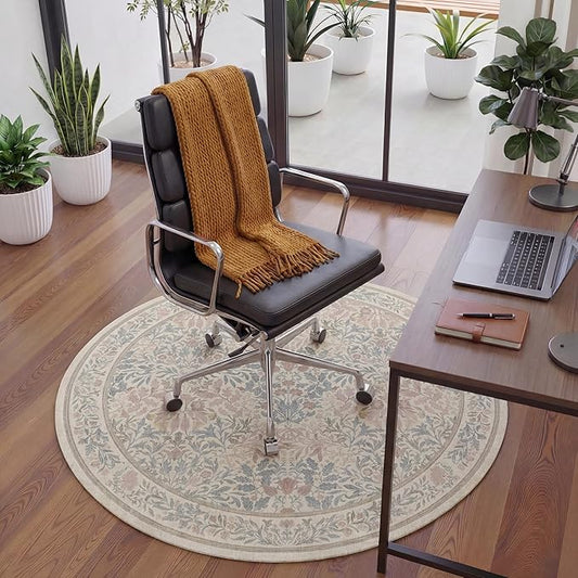 60"x60" Office Chair Mat for Hardwood Tile Floor, Under Desk Carpet Protector for Rolling Computer Chair Mat, Machine Washable Round Area Rug, Anti-Slip 1/5" Thick Low Pile Thin Floor Mat, Beige Pink