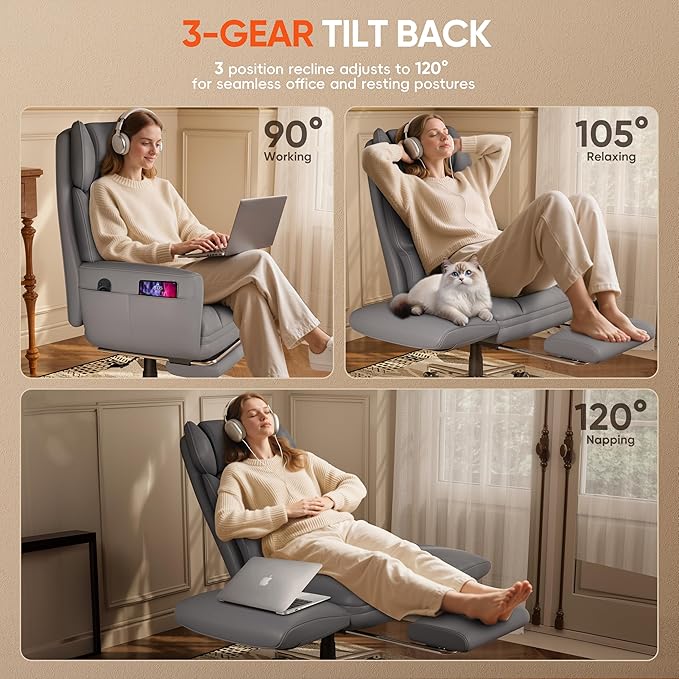 GABRYLLY Criss Cross Chair with Footrest, Big and Tall Office Chair - Wide Seat, Reversible Armrests, 120°Tilt, 400LBS Heavy-Duty Executive Leather Chair for Working, Gaming & Meditation, Grey