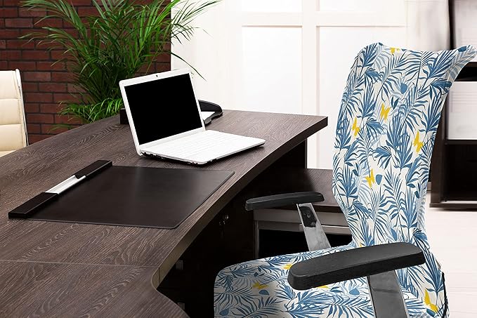 Ambesonne Tropical Office Chair Cover, Exotic Palm Leaves and Butterflies, Stretchable Decorative Universal Size High Back Printed Slipcover, Blue Azure