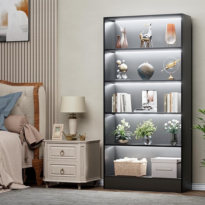CODACE Tall Wooden Black Bookshelf - Book Shelf with LED Lights, Lighted Display Shelf with 5-Tier Shelves, Large Display Bookshelves for Collectibles, Modern Bookcase for Living Room, Bedroom, Office
