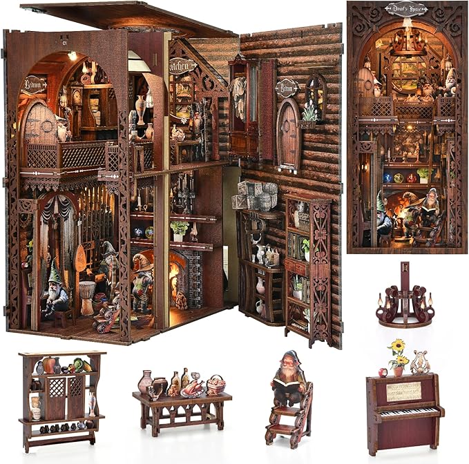 TOYQI Book Nook Kit, Book Nook Kits for Adults, DIY Miniature Dollhouse Kit 3D Wooden Puzzle Booknook Bookend with LED Light