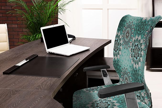 Ambesonne Mandala Office Chair Cover, Hippie Oriental Abstract Motifs Traditional Round Spring Inspired Design, Stretchable Decorative Universal Size High Back Printed Slipcover, Turquoise Black