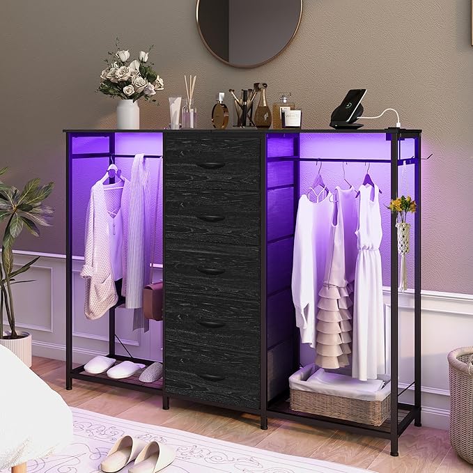 Espelism Dresser for Bedroom with Clothes Rack 5 Drawer Dresser with Charging Station LED Lights White Chest of Drawers Flexible Shelf and Open Storage Space for Bedroom Living Room (Charcoal Black)