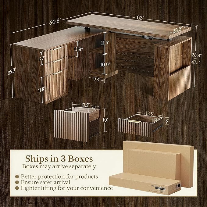 63 Inches L Shaped Standing Desk, Executive Standing Desk with Drawers and File Cabinet, AC/USB, 1.18" Desktop, Multi-sized Storage Cubby, Privacy Panel, Fluted Computer Desk, Black Walnut