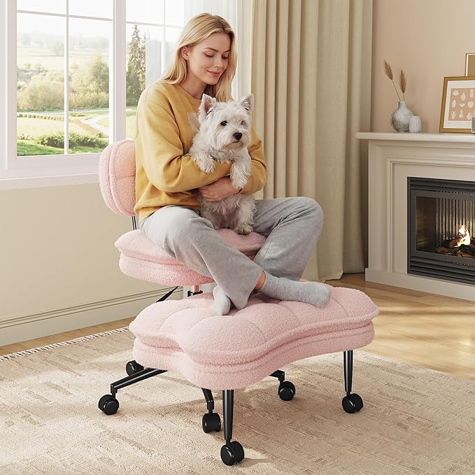 DurayLoly Ergonomic Criss Cross Office Chair, Swivel Chair with Wheels & Backrest, Comfy Office Chair with Foot Rest for ADHD, Height Adjustable, Thicken Cushion, Teddy Fabric, Light Pink