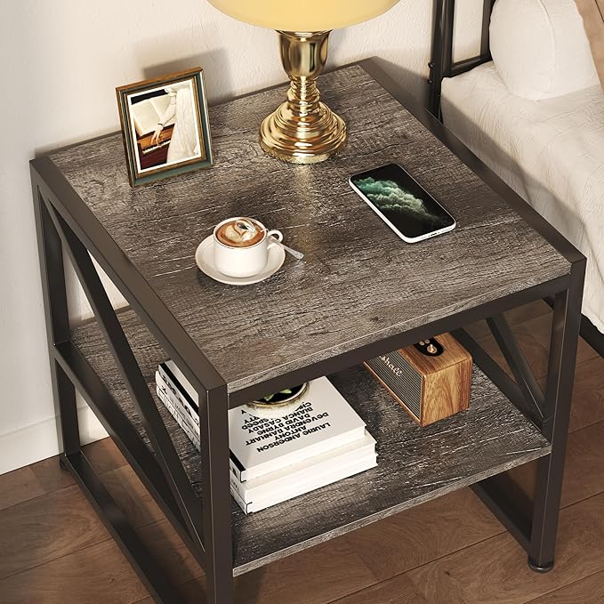 End Table with Charging Station, 20 Inch Square Printer Stand with USB Ports & Power Outlets, Mini Fridge Stand with 2-Tier Storage Shelf Adjustable, Industrial Wood Nightstand for Small Spaces, Grey