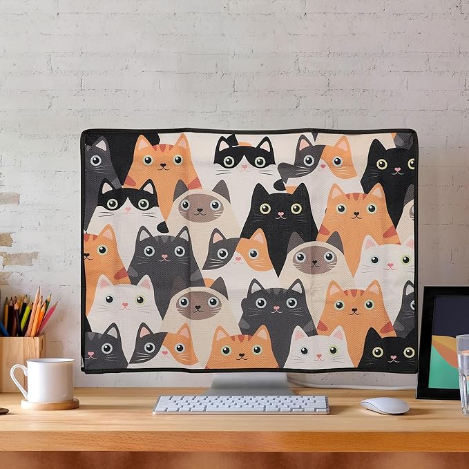 kwmobile Dust Cover for 24-26" Monitor - Linen Monitor Protector with Design - Cats Orange/Black/White