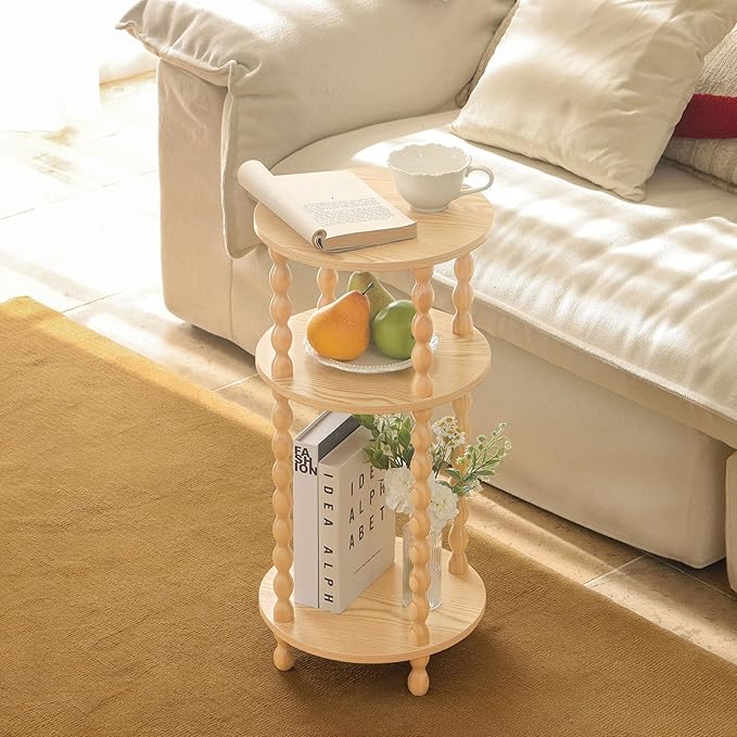 AWASEN Small End Table, 3-Tier Round Side Table for Small Spaces, Round Accent Table Nightstand for Bedroom, Living Room, Office, Natural