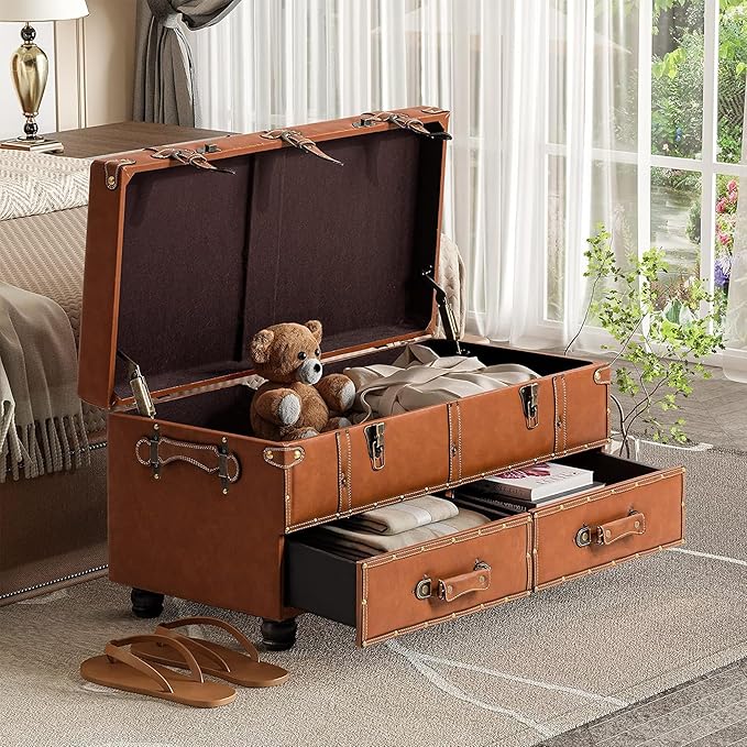 COZAYH Vintage Mid-Century Faux Leather Storage Ottoman Accent Bench - Upholstered Padded Chest for Entryway, Bedroom, Living Room, Tan