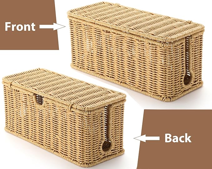 Large Cable Management Box, Handwoven Imitation Rattan Cord Organizer Cord Hider Box, Cable Organizer Box for Desk, Cord Management Box to Hide Cords and Power Strips 13.5" L x 6.2" W x 6" H, Brown