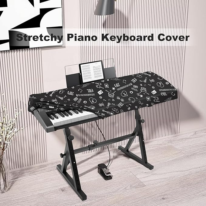 Explore Land Piano Keyboard Dust Cover - Dirt Proof Stretchy Digital Piano Cover with Music Stand Opening(61keys，Music Symbols)