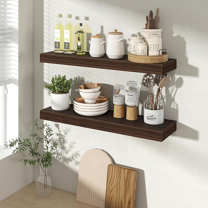 Acovy 24 Inch Floating Shelves for Wall 2 Pack, 24" Wall Shelves for Books, Storage, Decor, Wall Mounted Floating Shelf with Invisible Brackets for Kitchen, Living Room, Walnut
