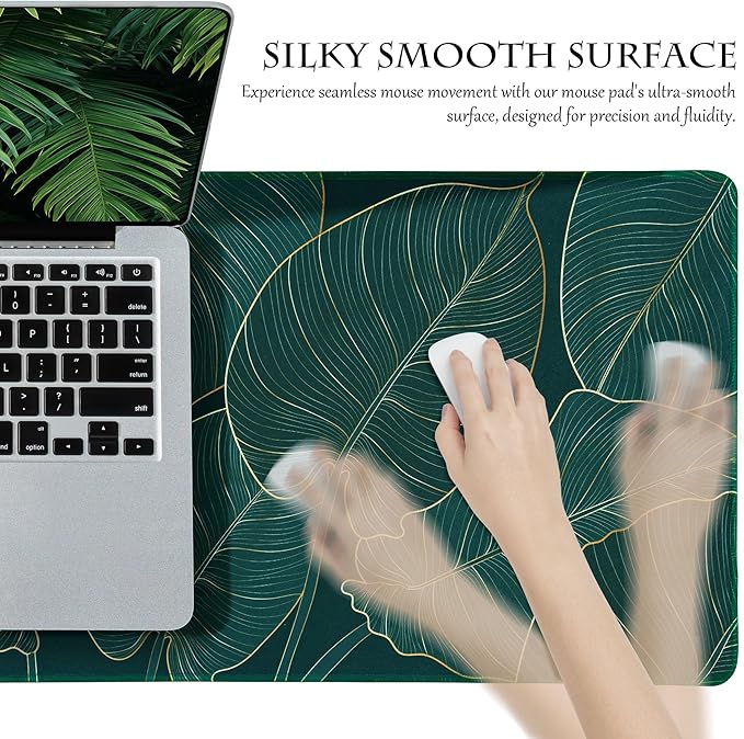 ALOANES Waterproof Mouse Pad with Durable Stitched Edge, Large Gaming Keyboard Pad, Non-Slip Rubber Base, Extended Desk pad for Gamer, Office & Home, Green Leaves Mousepad 27.6''x 11.8''x 0.12''