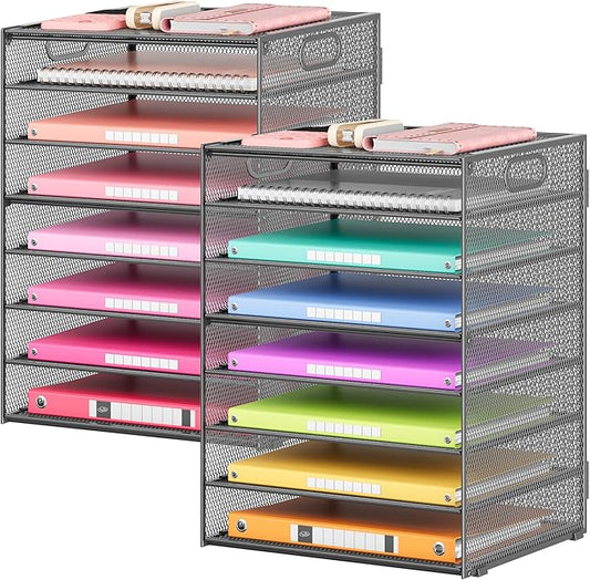 Lavatino 2 Pack 8-Tier Office Desk File Organizer, Letter Tray Paper Organizer with Handle, Including 5 Adjustable Slide Trays for Organizing Desk Workspace Accessories and Supplies (Grey Metal Mesh)