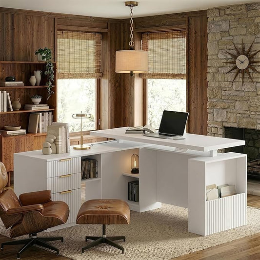 63 Inches L Shaped Standing Desk, Executive Standing Desk with Drawers and File Cabinet, AC/USB, 1.18" Desktop, Multi-Sized Storage Cubby, Privacy Panel, Fluted Computer Desk, White