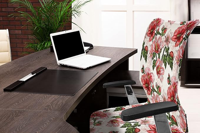 Ambesonne Ladybugs Office Chair Cover, Exotic Flowers Hibiscus Hawaiian Foliage Illustration Botany Spring Blossom, Stretchable Decorative Universal Size High Back Printed Slipcover, Coral Green