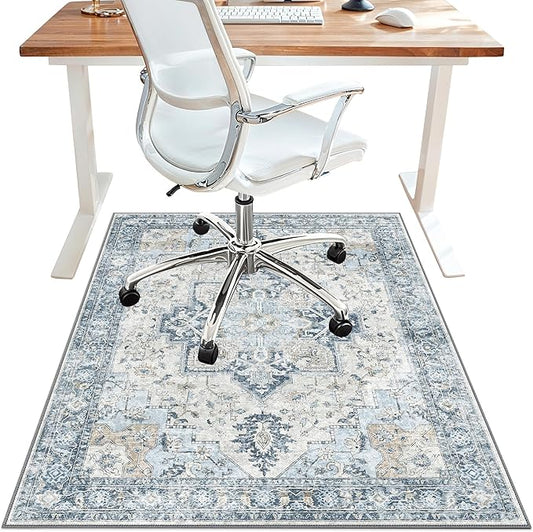 48"x72" Office Chair Mat for Hardwood Tile Floor, Under Desk Carpet Protector for Rolling Computer Chair Mat, Machine Washable Area Rug, Anti-Slip 1/5" Thick Low Pile Thin Vinyl Floor Mat, Blue