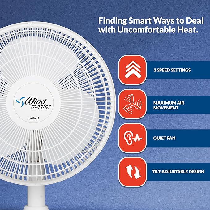 PAMI Oscillating Desk Fan - Portable Table Top Fan With 3 Speed Levels, Large Blades & Adjustable Tilt- Max Air Flow Office Desk Fan- Electric Cooling Fan For Bedroom Home Dorm Office (White, 16'')