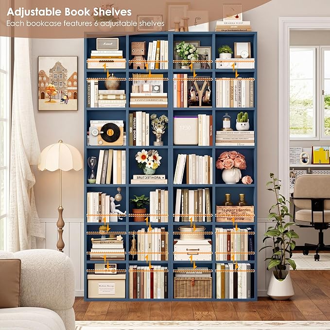 FOTOSOK 71'' Tall Bookshelf with 14 Cubes, 7 Tier Double Wide Bookshelf with 6 Adjustable Shelves, 19.6" Narrow Bookcase DVD/CD Media Storage Shelf, Space Saving Display Shelf Cabinet, Blue