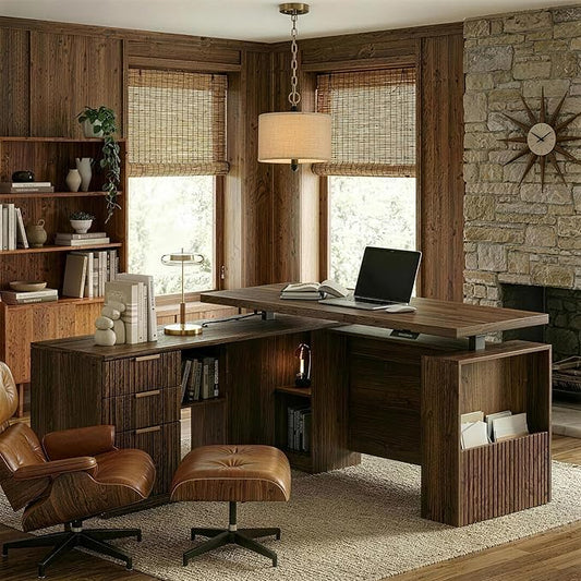 63 Inches L Shaped Standing Desk, Executive Standing Desk with Drawers and File Cabinet, AC/USB, 1.18" Desktop, Multi-sized Storage Cubby, Privacy Panel, Fluted Computer Desk, Black Walnut