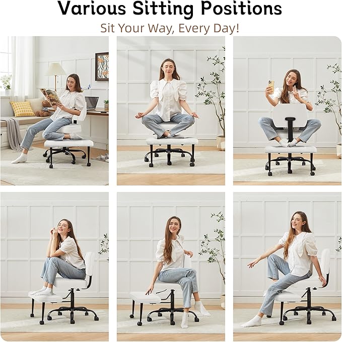 Ergonomic Criss Cross Legged Office Chair, ADHD Chair, 360° Swivel Meditation Kneeling Chair with Wheels, Adjustable Footrest, Wider Height Adjustable Seat, Lumbar Support, Teddy Fabric, OffWhite