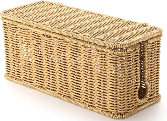 Large Cable Management Box, Handwoven Imitation Rattan Cord Organizer Cord Hider Box, Cable Organizer Box for Desk, Cord Management Box to Hide Cords and Power Strips 13.5" L x 6.2" W x 6" H, Brown