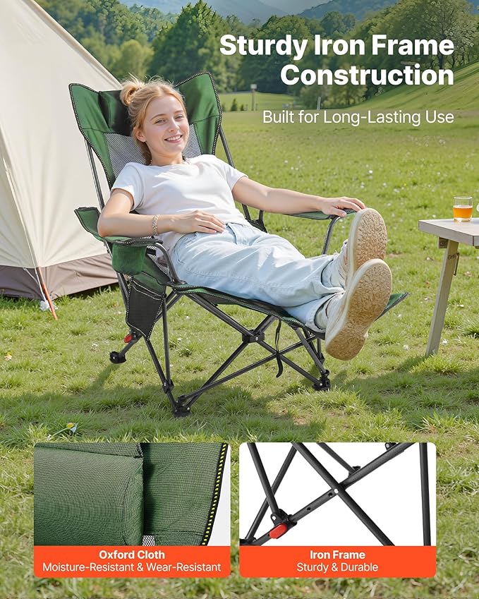 VEVOR 2-in-1 Reclining Camping Chair with Footrest for Adults, 4 Adjustable Positions, Portable Folding Lounger, Lightweight Mesh Beach Chair Supports 220lbs, Heavy Duty Camp Chairs Outdoor, Green
