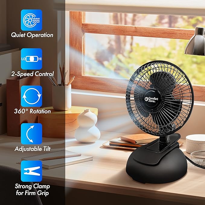 Comfort Zone CZ6XMBK 6” 2-Speed Combo Clip or Desk Fan with Removable Base, Strong Clamp for Firm Grip, Suitable for Bedroom, Office, or Dorm Room, Black