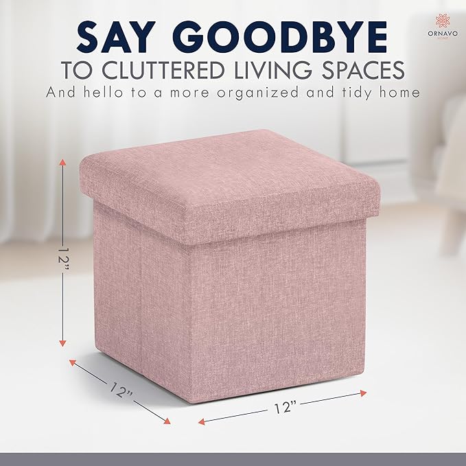 Ornavo Home Small Storage Ottoman, Set of 2 Foldable Collapsible Cube Square Linen Ottoman Foot Rest Stool Seat, for Living Room, Bedroom, Home Office, Dorm - 12 x 12 x 12, Pink