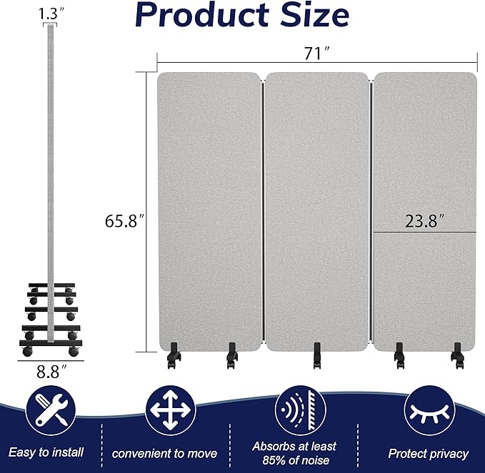 3 Panel Foldable Office Partitions, Mobile Cubicle Wall with Wheels, 71 x 66 Inch Noise Cancelling & Sound Proof Room Dividers Partition Wall, Aluminum Frame Gray